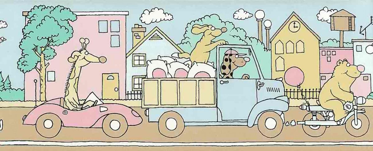 children's vintage wallpaper border, pink, blue, green, yellow, animals, giraffe, bear, car, truck, motor scooter, nursery, playroom, bedroom