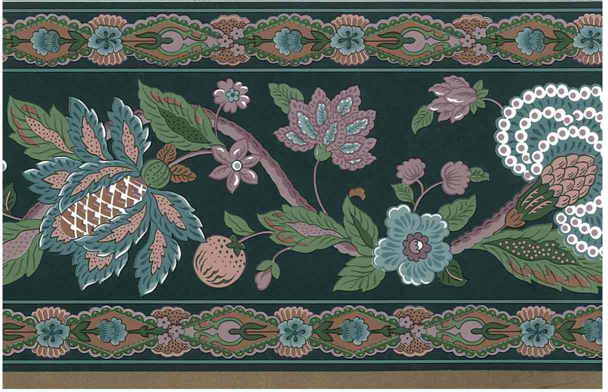 paisley floral vintage wallpaper border, stylized flowers, green, rose, pink, white