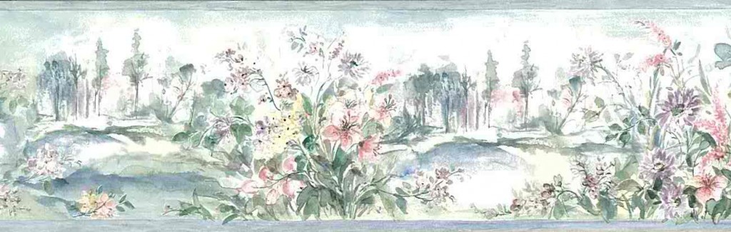 botanical garden vintage wallpaper border, delphiniums, hydrangea,lilies,pink, blue, purple