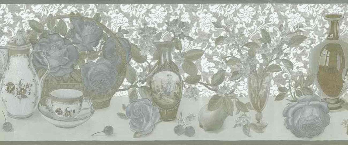 silver gold vintage wallpaper, border, roses, floral, flowers, kitchen, dining room, metallic, textured