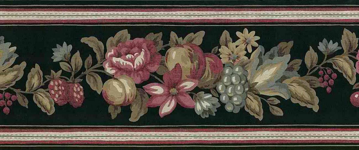 black floral vintage wallpaper border,kitchen,roses,red,taupe,green,fruit,peaches,grapes,berries,cottage