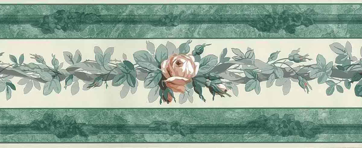 vintage wallpaper border roses, peach, green, cream, faux finish, cottage style, gray