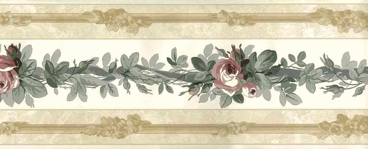 Roses vintage wallpaper border, floral, pink, gray, beige, pearlized