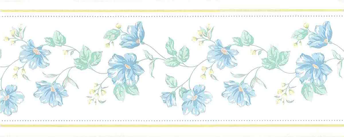 Blue vintage floral border, green, yellow, textured, moire, cottage, white