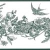 green botanical floral wallpaper border, off-white, bulbs, plants, lilies, morning glories, anemones, bee, skep, bird, solarium, garden shed