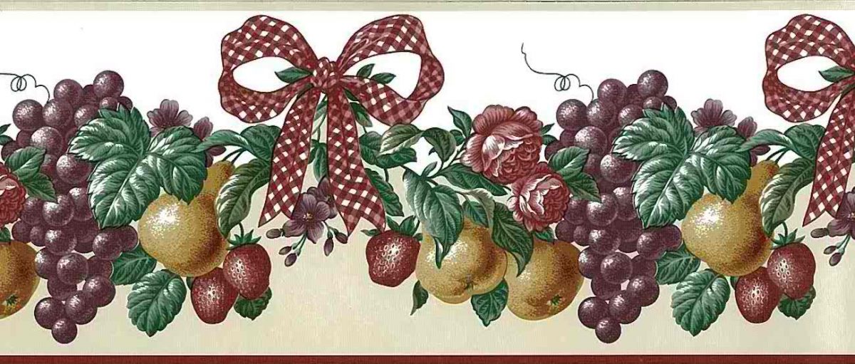 red ribbon vintage wallpaper border,check,bow,grapes,roses,ivy,purple,yellow,green,textured