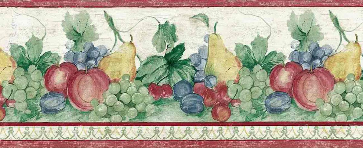 grapes fruit vintage wallpaper border, plums, pears, apples, green, red,y ellow, blue