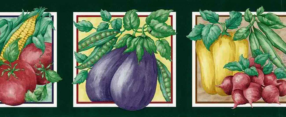 veggies kitchen vintage wallpaper border, green, red, leaves, kitchen, eggplant, corn, green beans, tomatoes, beets