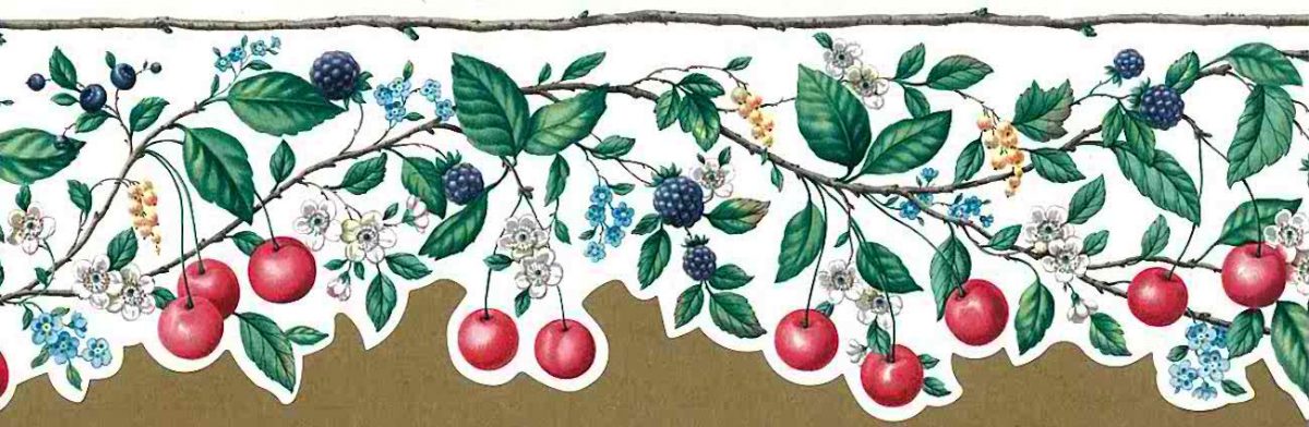 red cherries kitchen vintage wallpaper, border, anemones, blackberries, blue, yellow, green, vines, leaves, bark, cottage, fruit, floral