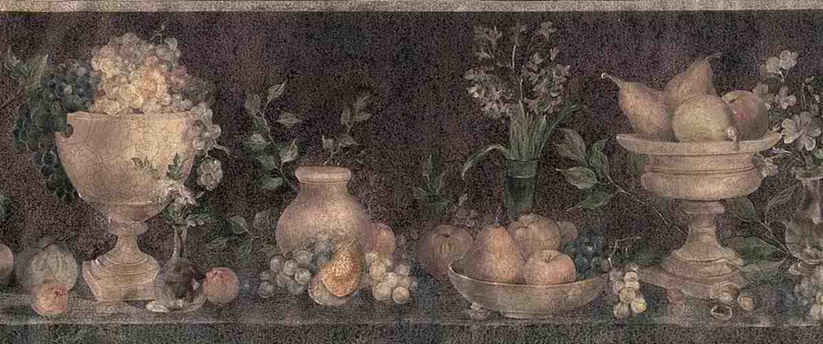 Brown kitchen vintage wallpaper border, textured, glazed, fruit, pears, apples, grapes