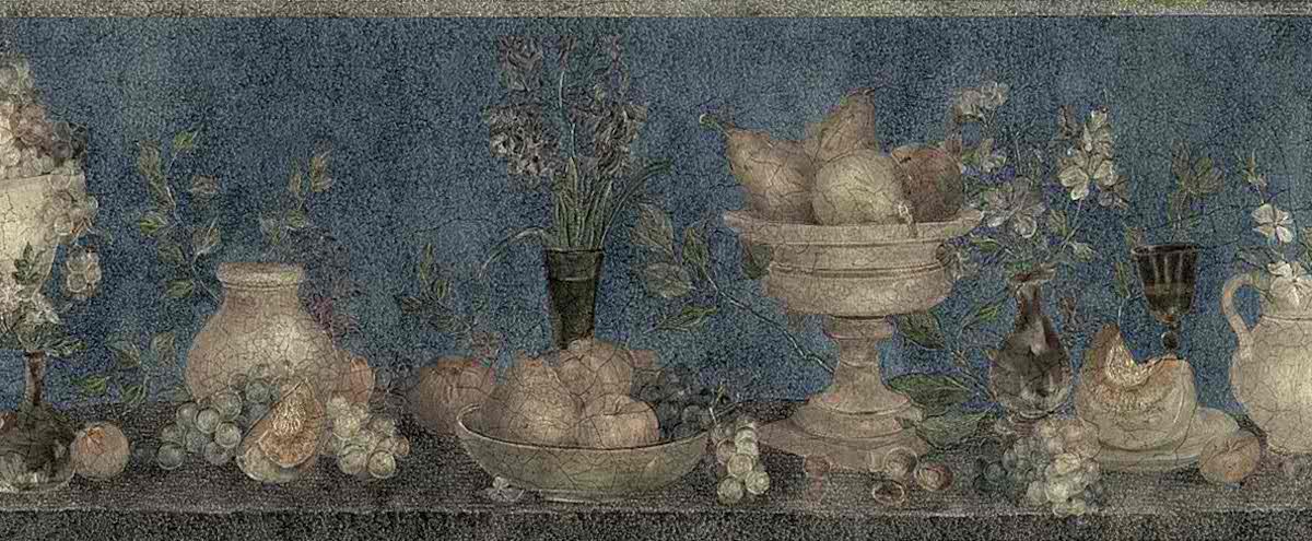 blue kitchen vintage wallpaper border, navy blue, fruit, apples, pears, grapes, UK, textured, glazed