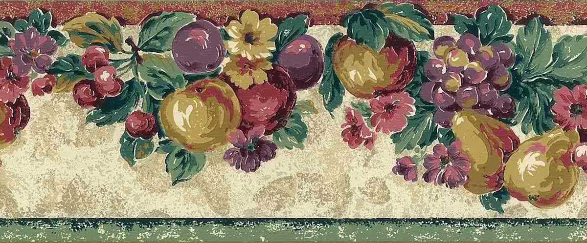 vintage wallpaper border kitchen, fruit, flowers, kitchen, floral, pears, peaches, grapes, cherries, plums, green, red, yellow, purple,