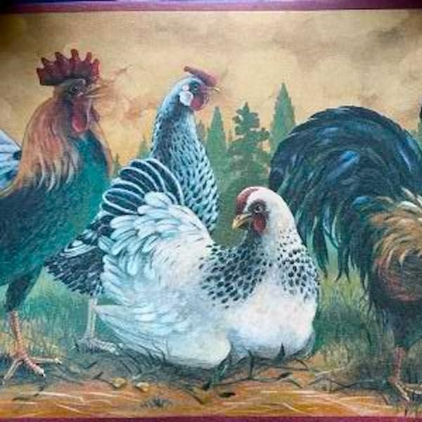 roosters vintage wallpaper border, white, black, green