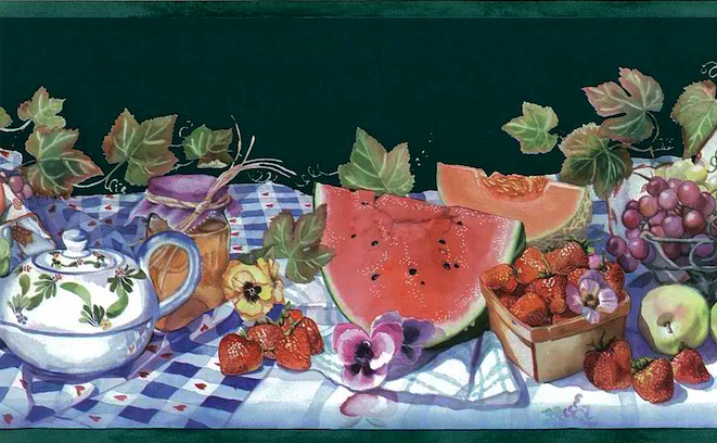 strawberries, plums, watermelon, Summer wallpaper sidewall and border patterns, red, blue, white, purple, Kitchen, food 