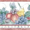 Fruit vintage wallpaper, border, red, green, white, blue, grapes, plums, apples, pears, kitchen, vintage