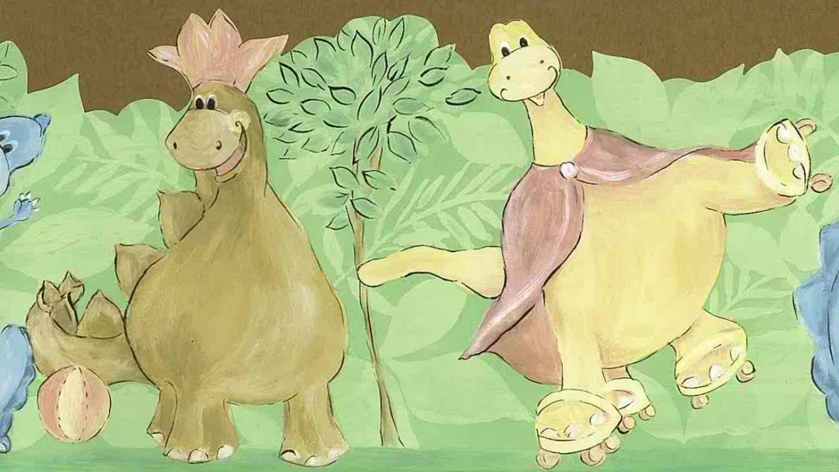 dinosaurs chidrens wallpaper border, green, pink, blue, yellow, nursery, playroom, children's bedroom, cutout