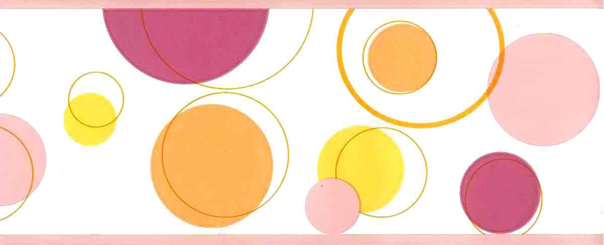 Pnk-orange mid-century wallpaper, border, circles, yellow, white, kitchen, geometric