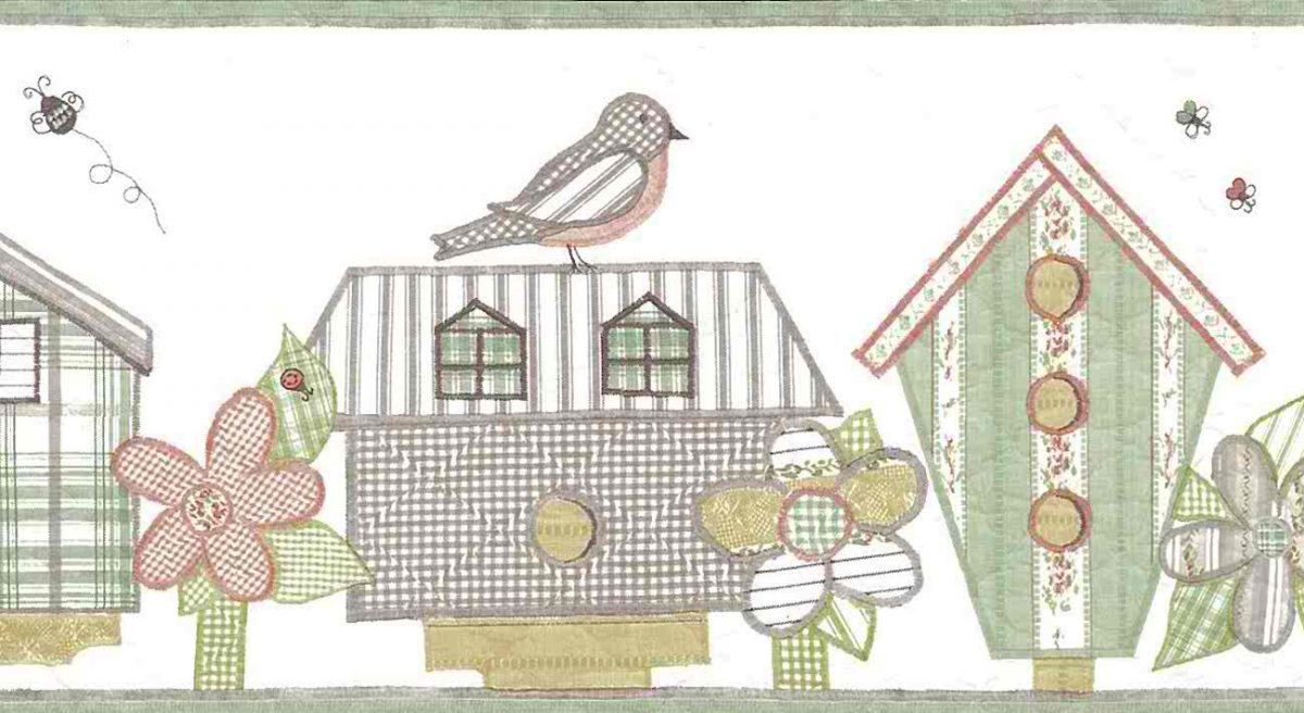 quilted bird houswes wallpaper border, Americana, cottage, green, taupe, off-white, rust, birds, flowers, floral,