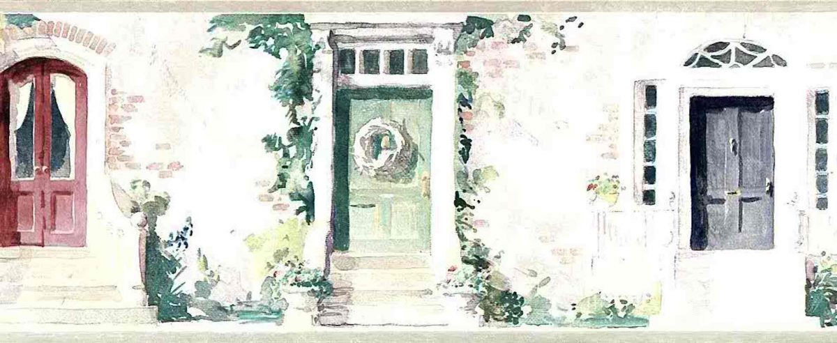 cottage doors wallpaper border, watercolor, handprint, green, flowers