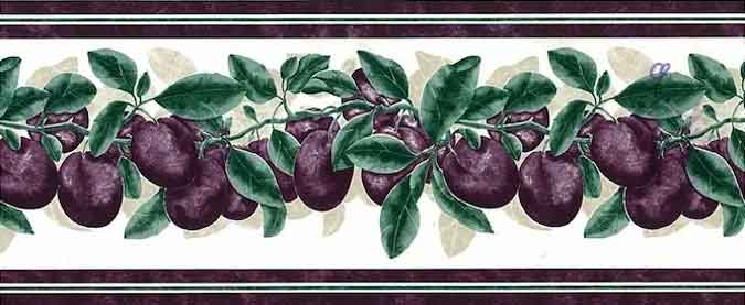 Plums Wallpaper Border in Purple, Green, & Cream