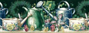 Watering Cans Vintage Wallpaper Border in Garden Green