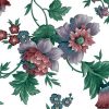 vintage cottage floral wallpaper, English, UK, anemones, rose, purple, blue, green