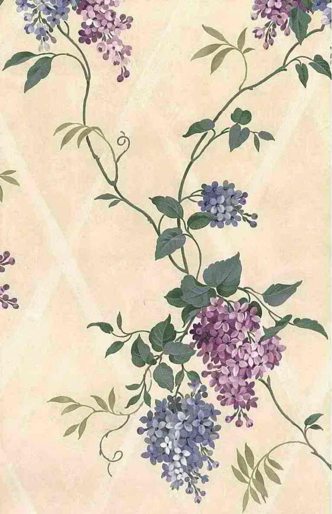 hydrangea lattice vintage wallpaper, purple, blue, cream