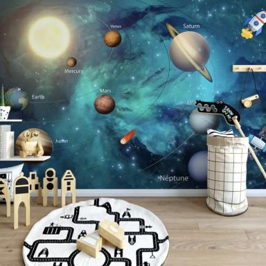 kids space theme mural, planets