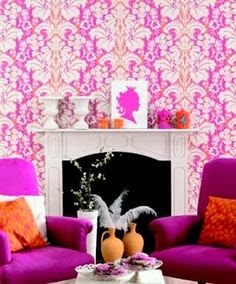 Radiant Orchid and Pink Damask Wallpaper